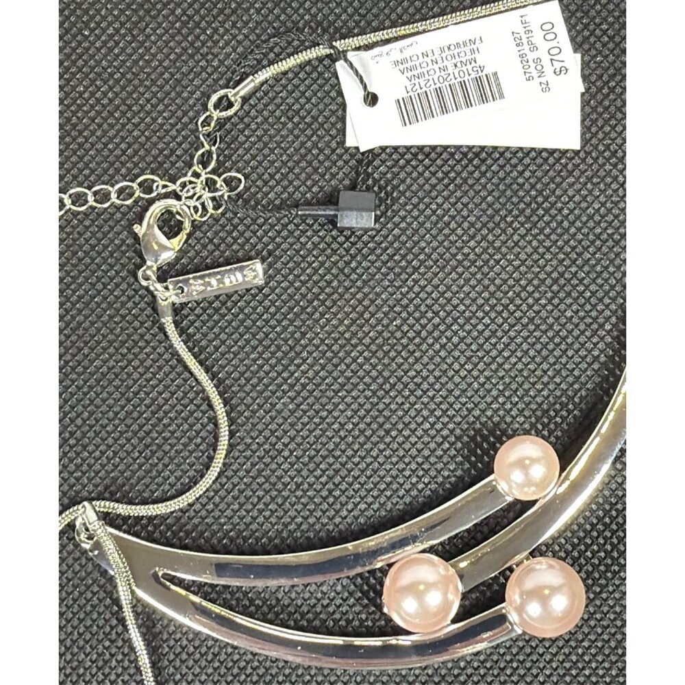 NWT White House Black Market Bib Necklace Goddess Pink Faux Pearl Silver Tone - Picture 9 of 13